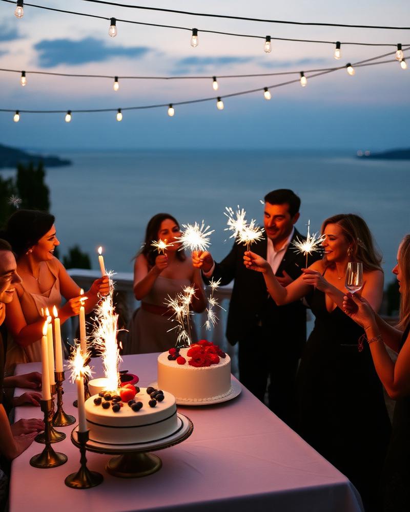 Festa di compleanno serale con torta e stelline su una terrazza vista mare