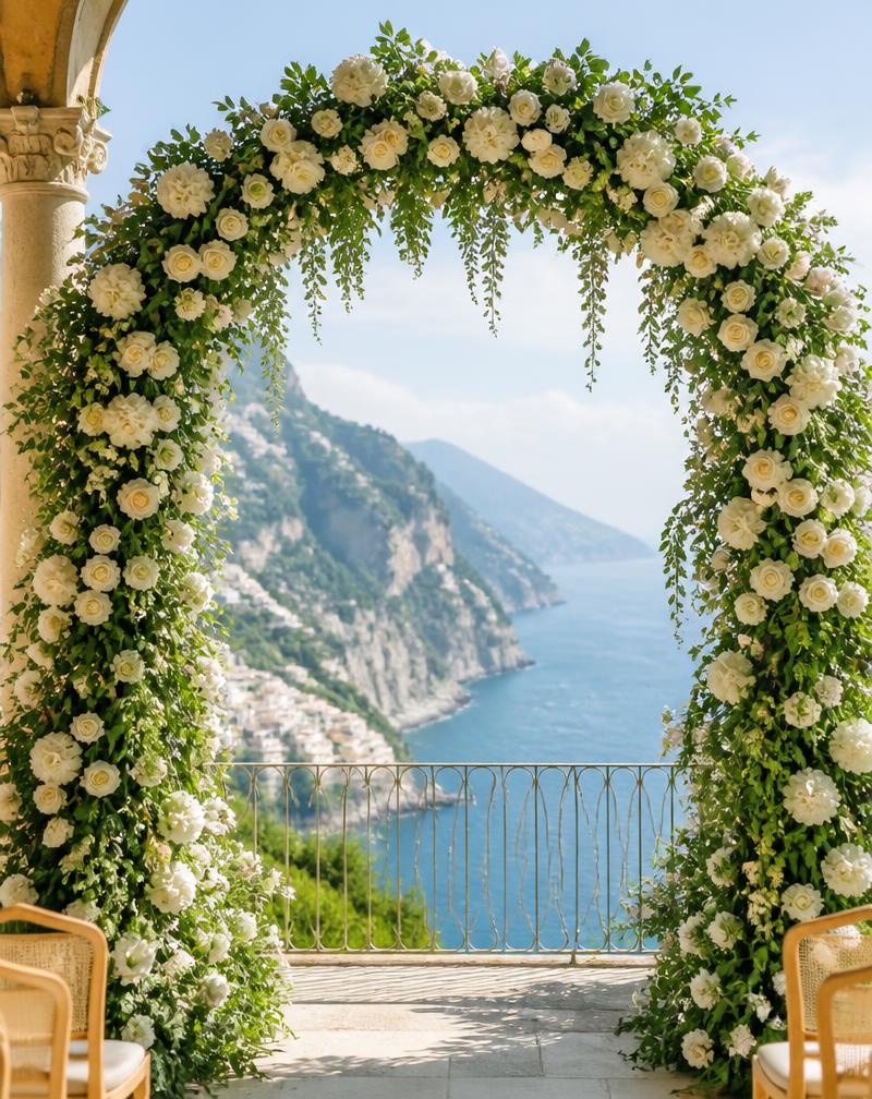 Arco floreale con vista sul mare della Costiera Amalfitana