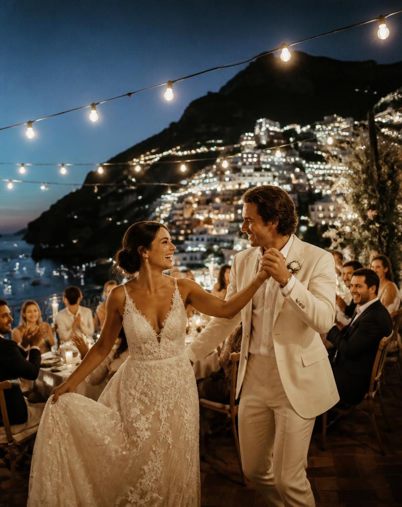 Ospiti che festeggiano di sera con Positano illuminata sullo sfondo